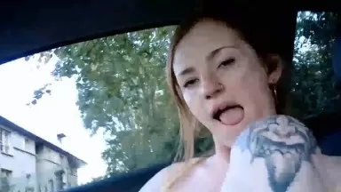 Freckled British slut masturbates her little pussy in the car