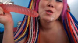 Pierced tatted Asian whore deepthroats huge dildo and fucks her cunt